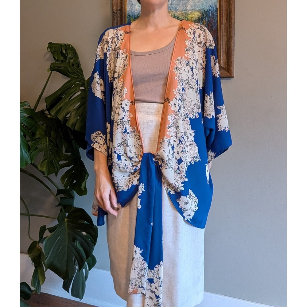 Floral Kimono‎ Cardigan Womens 2X Blue Sheer Tie Front Sophisticated Oversized